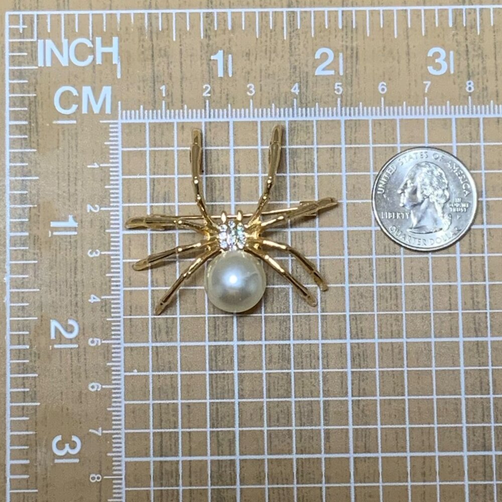 Gold Spider Brooch Faux Pearl Rhinestone Halloween Gothic Pin - Picture 6 of 7
